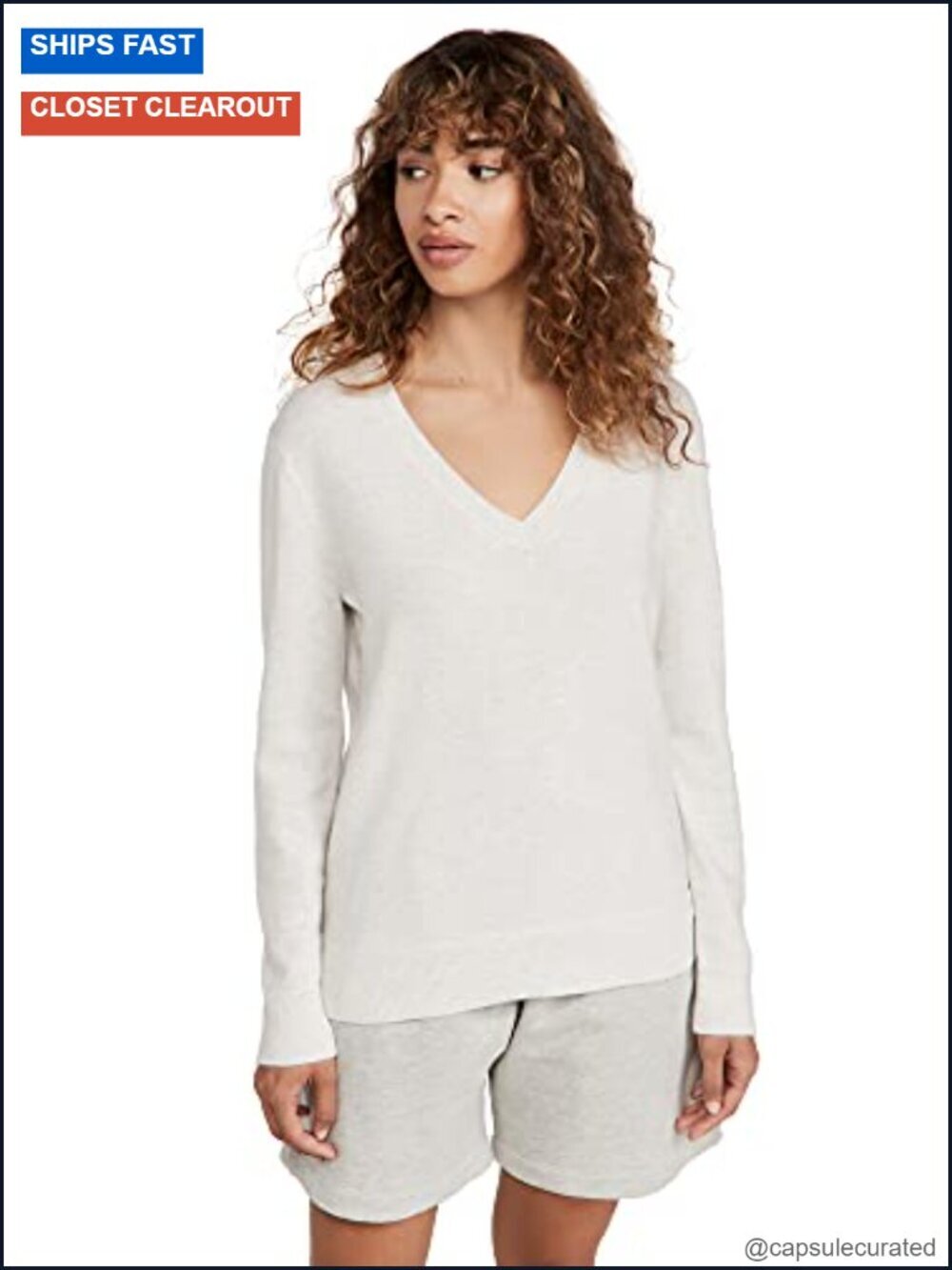 Cashmere V-Neck Pullover Sweater (Heather White)